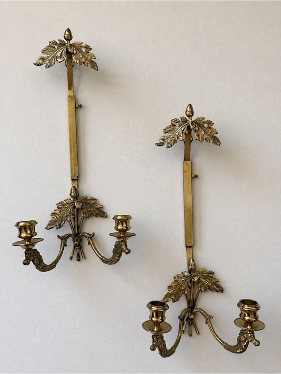 Other - Vintage Hollywood Regency 16 inch Pair of Brass Wall Sconces With Oak and Horse